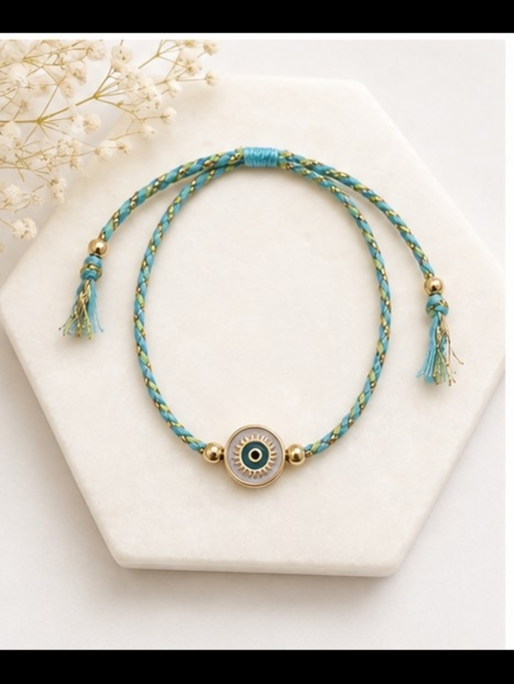 Turquoise Evil Eye Braided Cord Bracelet with Gold Accents